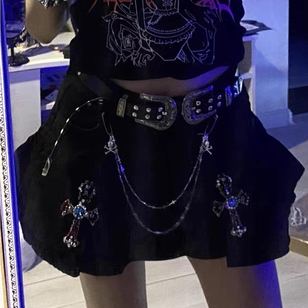 Mini Denim Black Layered Skirt with Cross Embellished Chains S